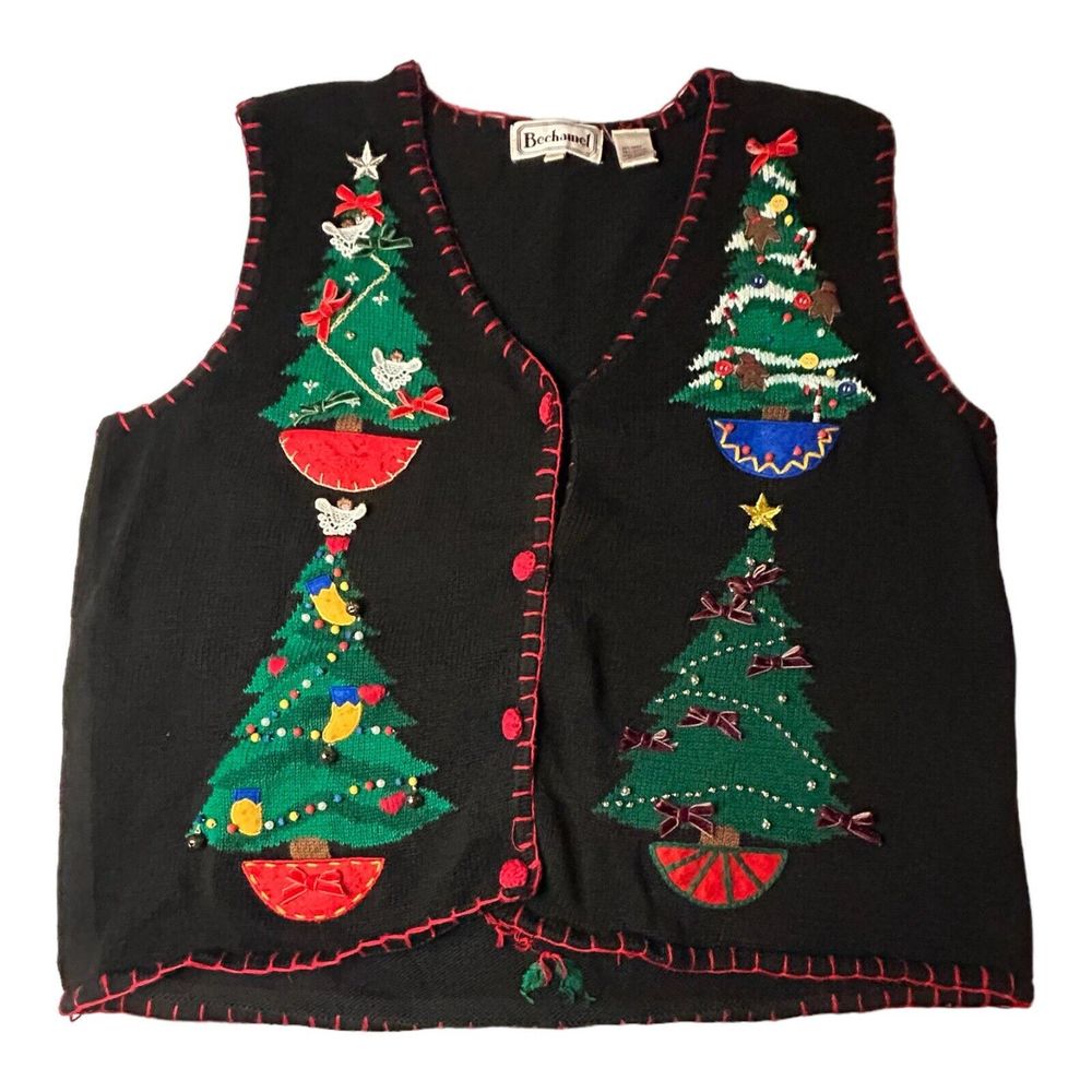 Bechamel Vtg Christmas Tree Sweater Vest Black Holiday Knit Sleeveless Womens XL